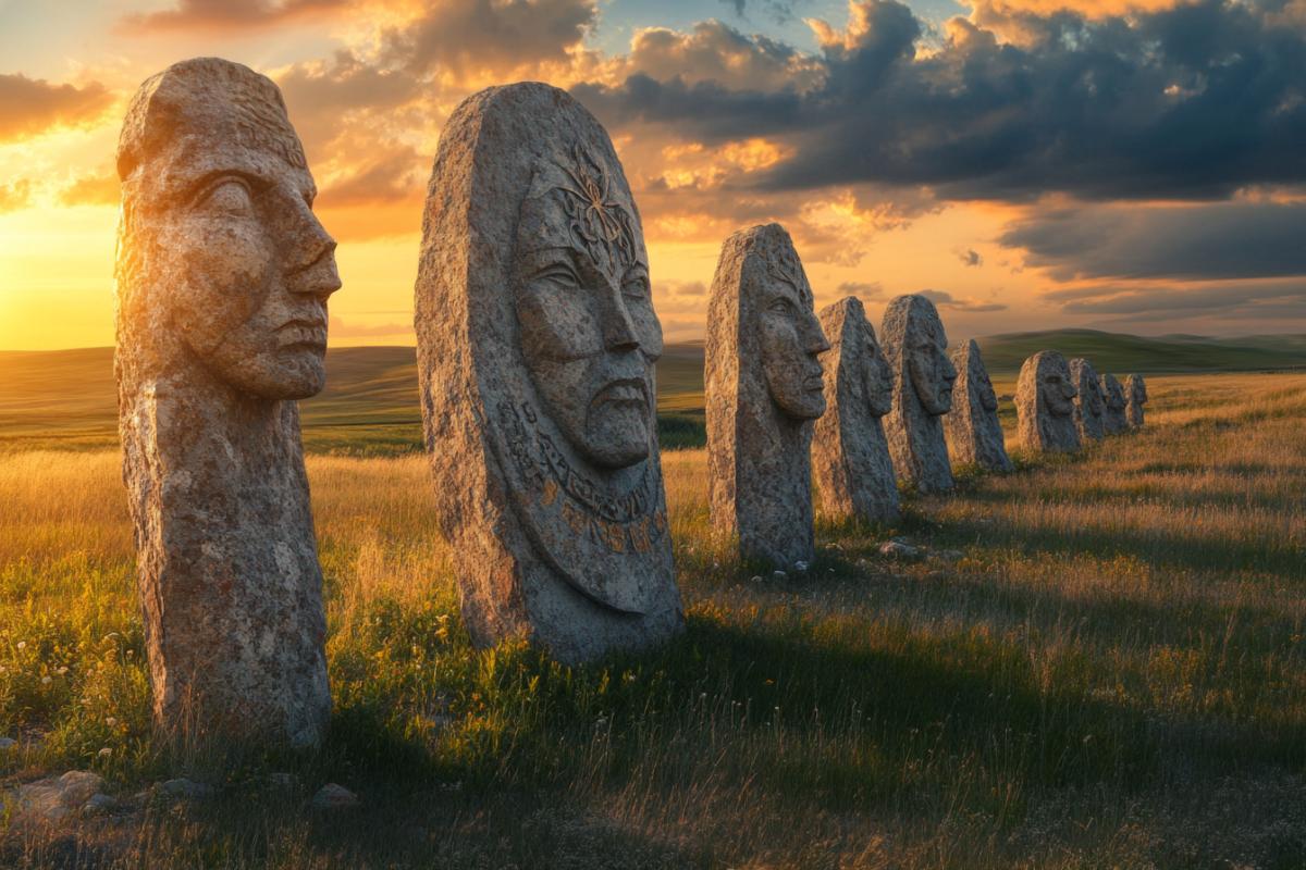 Menhirs of Khakassia with the faces of deities gathered in the circle of life astronomical sundial magic baroque magic