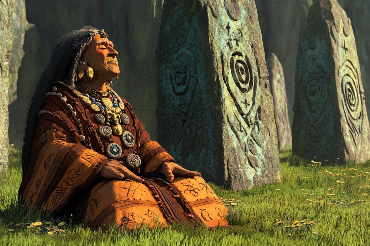 Kamlaniya Khakass shaman near menhirs with petroglyphs and tamga, magic, magic, baroque rococo pixar