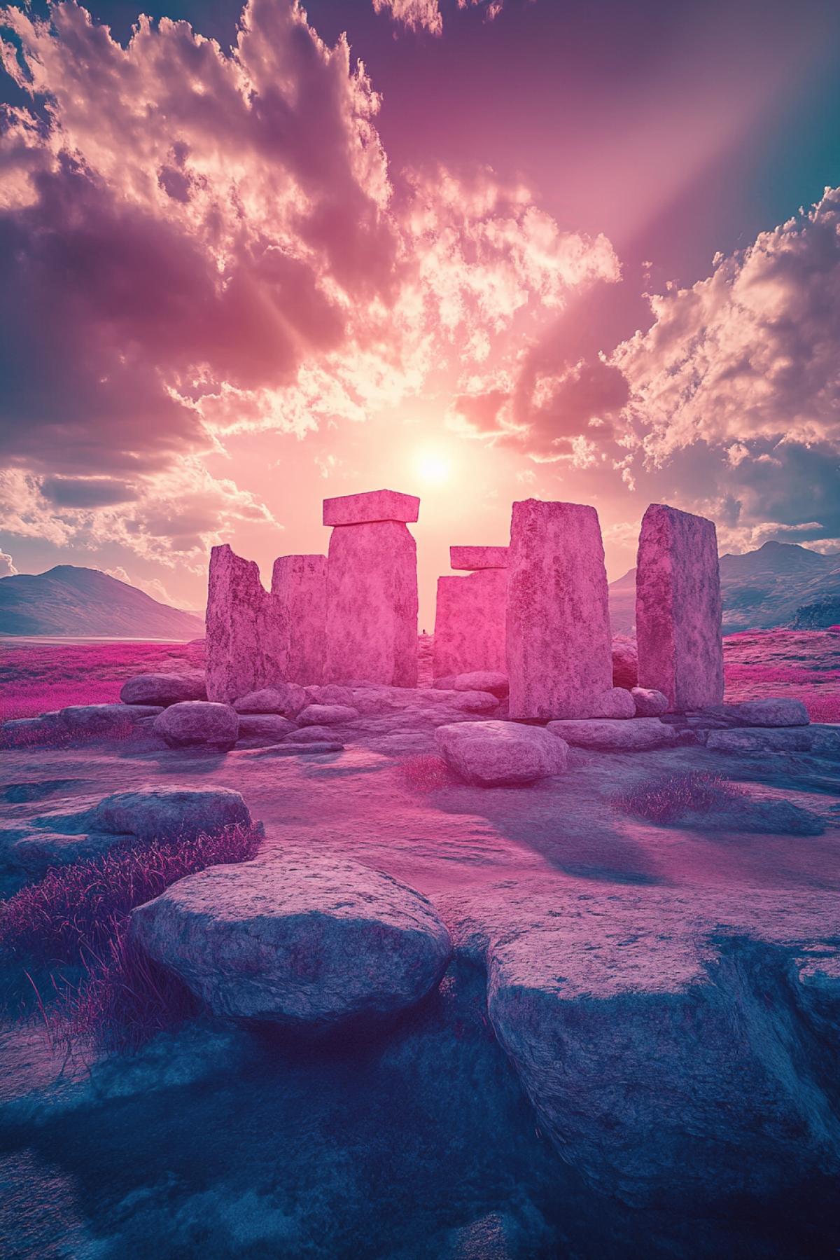 Stonehenge made of pink stones on ancient island in sunset rays high contrast high brightness breathtaking view