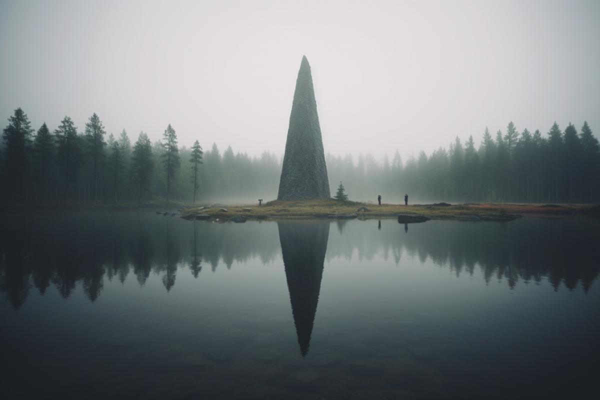 Ancient big obelisk in the swamps of Karelia, fog