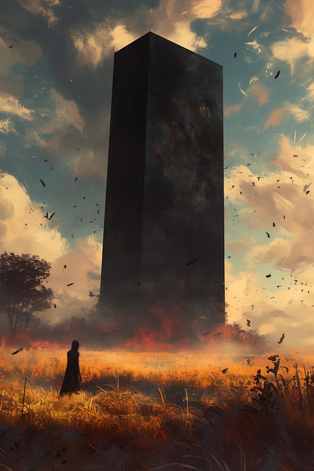 a giant monolith the color of the cosmic sky stands in the middle of a field, sunset, late autumn, mystical atmosphere, horror style, by Jakub Rozalski, packed with hidden details, style, high dynamic range, hyper realistic, realistic attention to detail, highly detailed, 32K, intense close ups, uhd image, realism, colorful realism