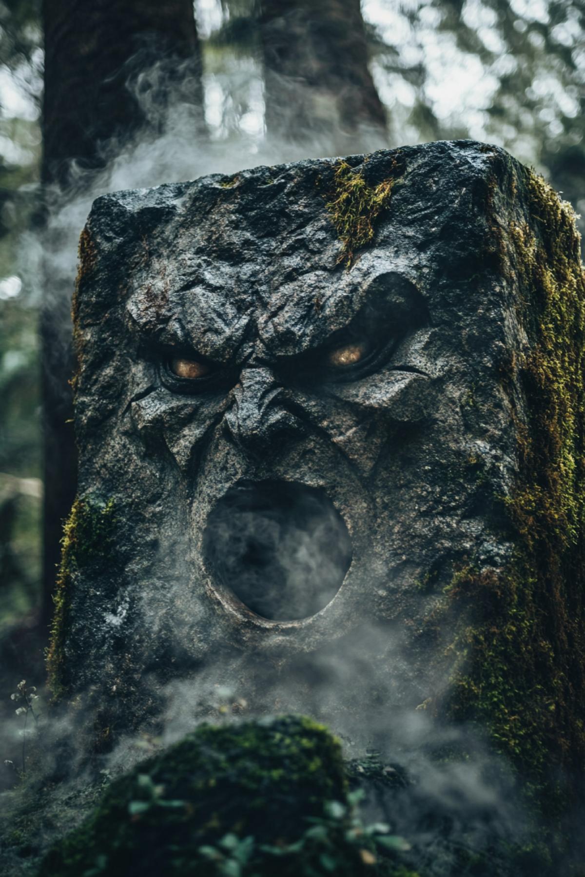 Steamy half-transparent lol demon angry face trying to get out of Frightening mysterious table-stone with round front opening in mountain forest spooky scaring atmosphere high contrast brown green tones detailed closeup photo