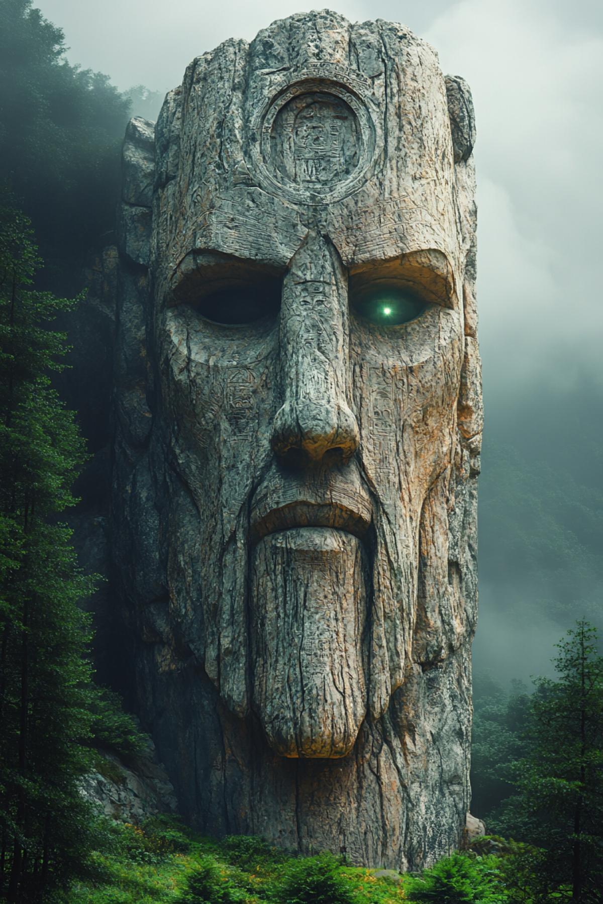 giant megalith of ancient celtic warrior made of stone and wood, image of ancient god in stone, megalith of god with sword, mysterious celtic ornament in the form of magical faint green glow, night, forest and mountains, fantasy style,colored hills, night, moonlight, summer, cold colors, valley, summer, fantasy style, intense close ups, uhd image, realism, colorful realism, masterpiece, concept art, anime, 2D, 3D, painting, mangacore, cartooncore, game art, semi realistic, photo realistic, hyper realistic, hyper detailed