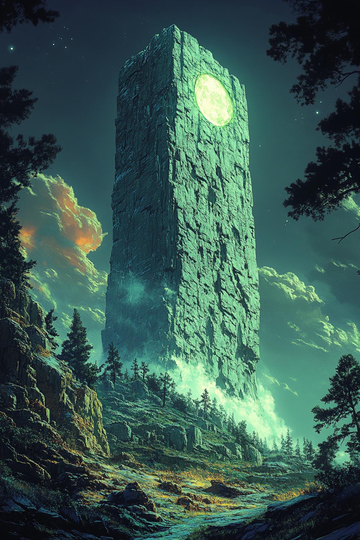 giant megalith of ancient celtic warrior made of stone and wood, celtic ornament in the form of magical faint green glow, night, forest and mountains, fantasy style,colored hills, night, moonlight, summer, cold colors, valley, summer, fantasy style, intense close ups, uhd image, realism, colorful realism, masterpiece, concept art, anime, 2D, 3D, painting, mangacore, cartooncore, game art, semi realistic, photo realistic, hyper realistic, hyper detailed