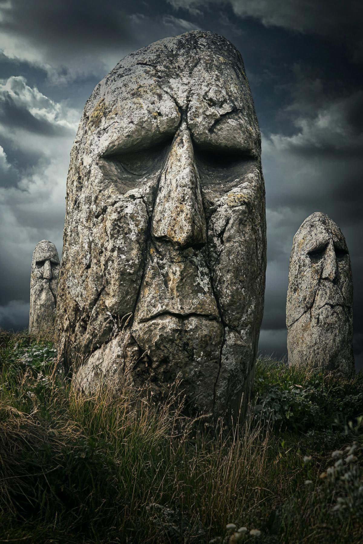 Megaliths, magical world, rock style, photography, flickering, photoshop, alien creature
