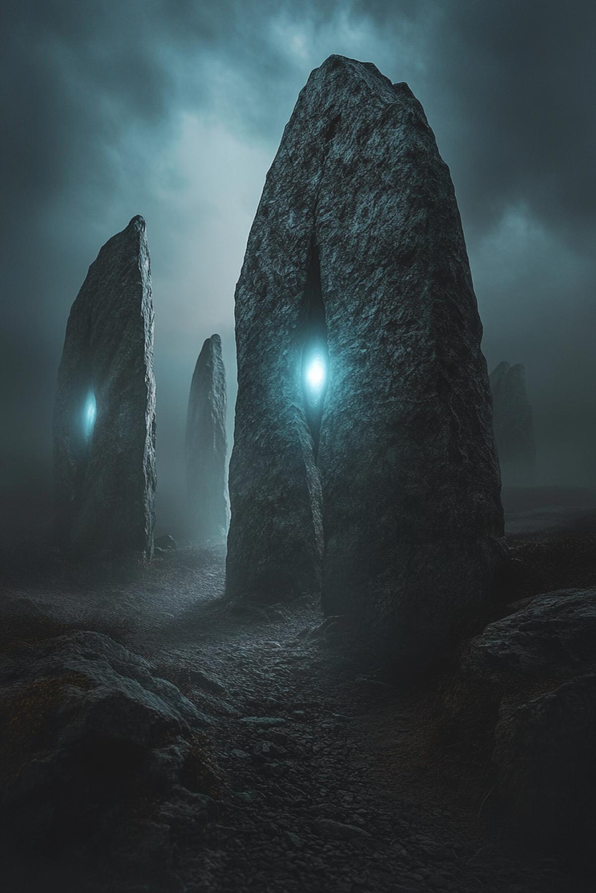Megaliths, magical world, rock style, photography, flickering, photoshop, alien creature