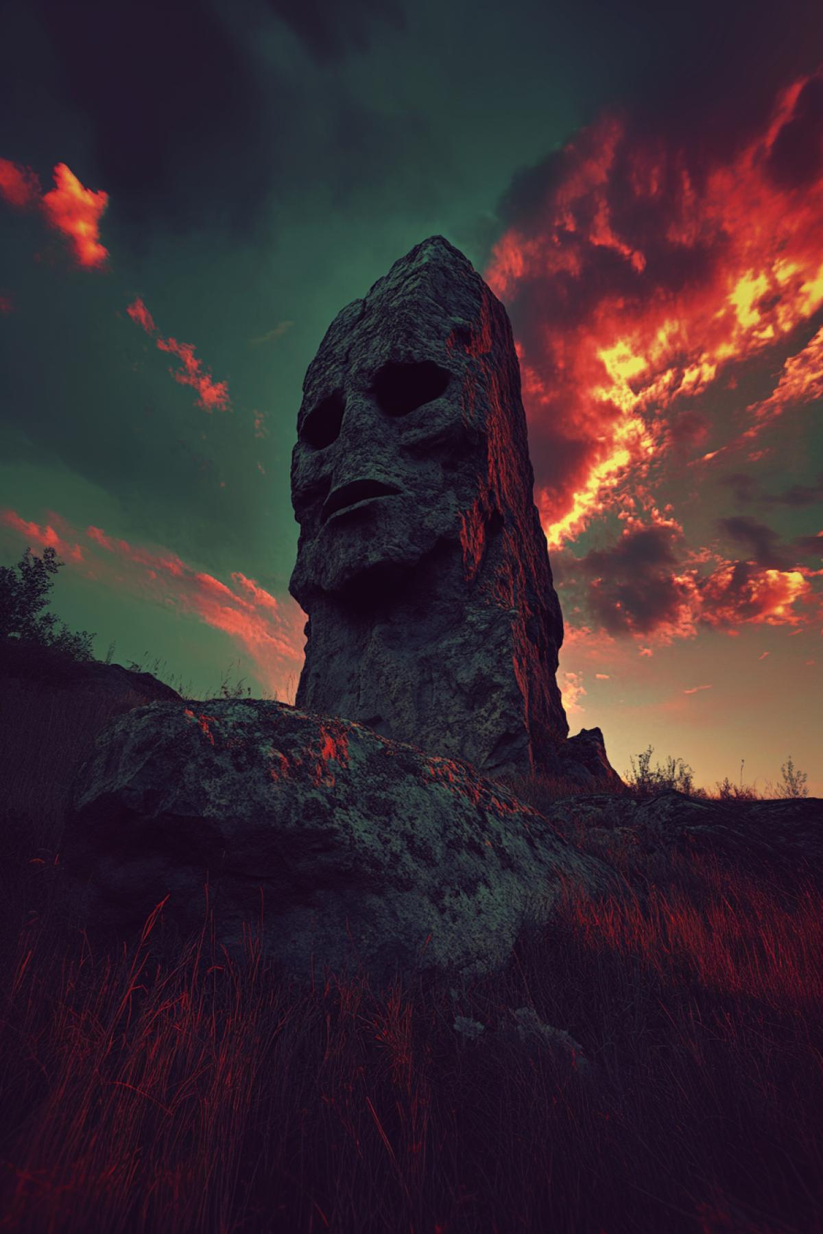 Megaliths, magical world, rock style, photography, flickering, photoshop, alien creature