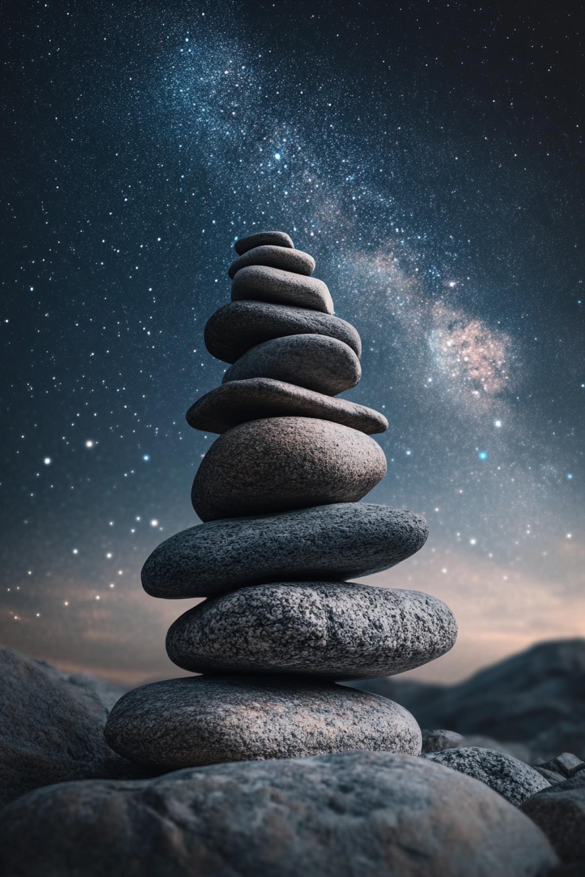 A carefully thought out beautiful pile of stones in a stable, non-obvious balance, an ancient civilization under the moonlight, a night sky full of stars and galaxies