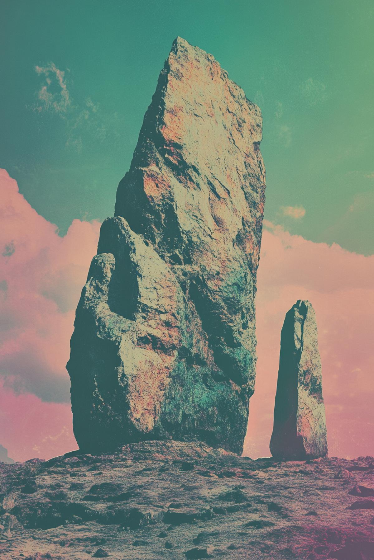 Megaliths. Creative, magical world, rock style, photography, flicker, photoshop, maximalism, psychedelic