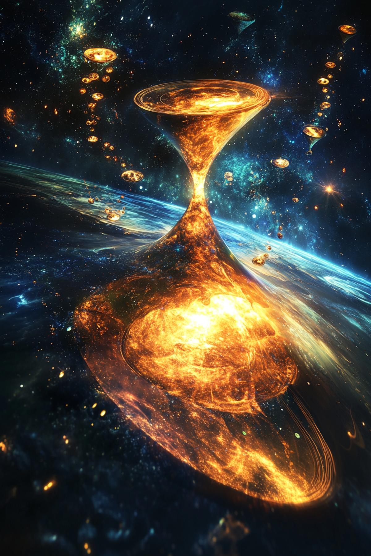 Exotic doubleplanet shaped as giant sandclock glossy surface in the universe faraway sun dark cosmic space with multiple stars and galaxies high contrast vibrant bright colours