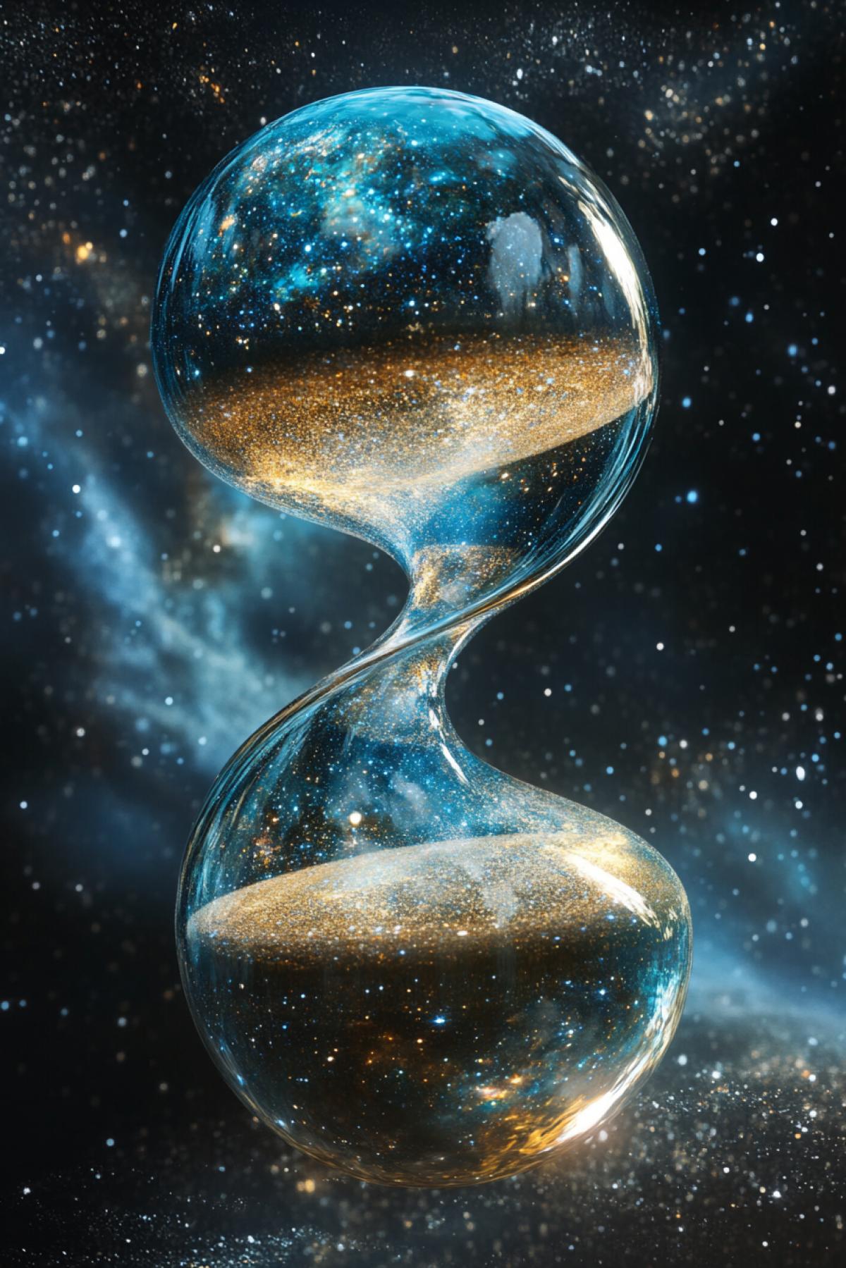 Exotic doubleplanet shaped as giant sandclock glossy surface master moving upside down in the universe faraway sun dark cosmic space with multiple stars and galaxies high contrast