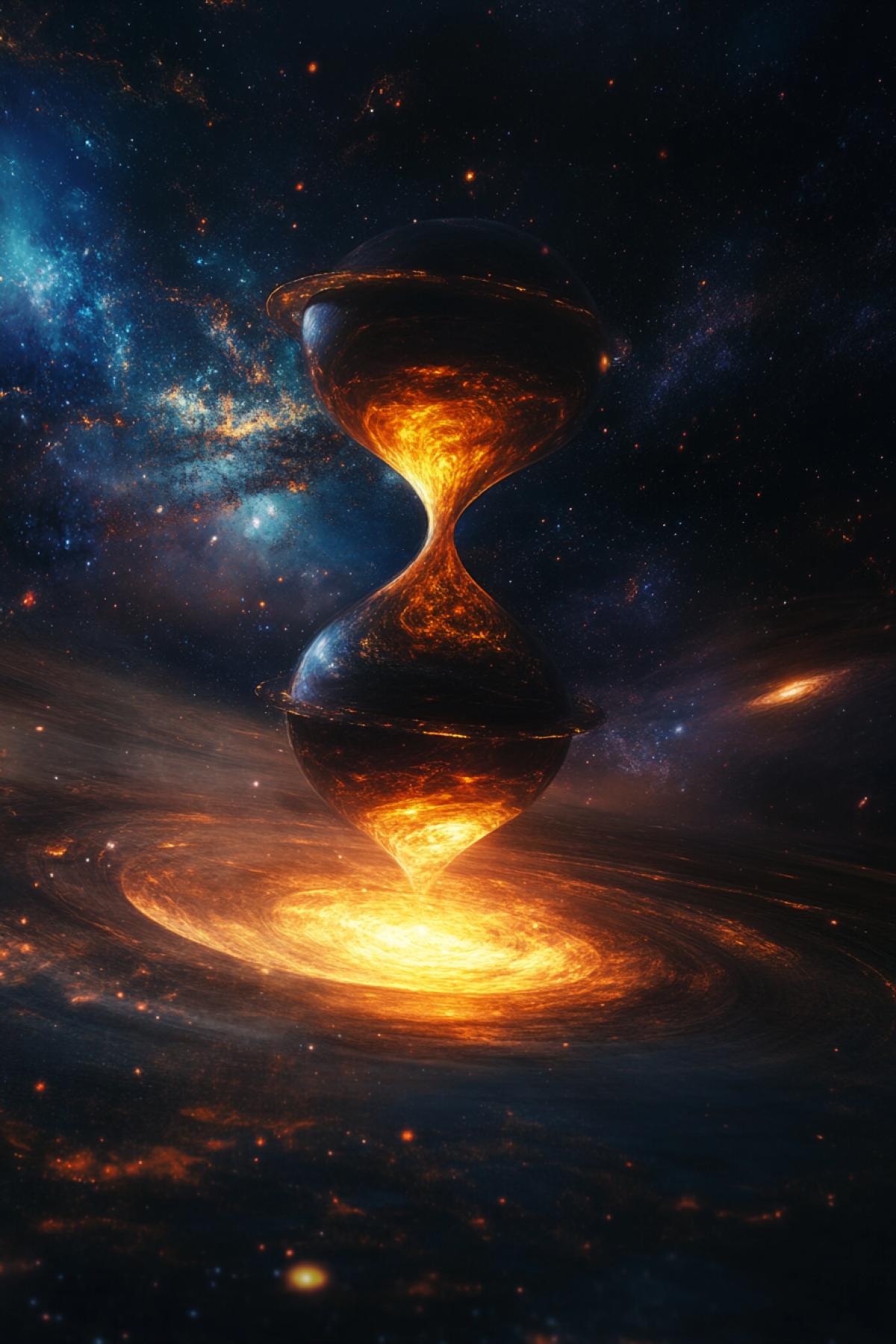 Exotic doubleplanet shaped as giant sandclock glossy surface master moving upside down in the universe faraway sun dark cosmic space with multiple stars and galaxies high contrast