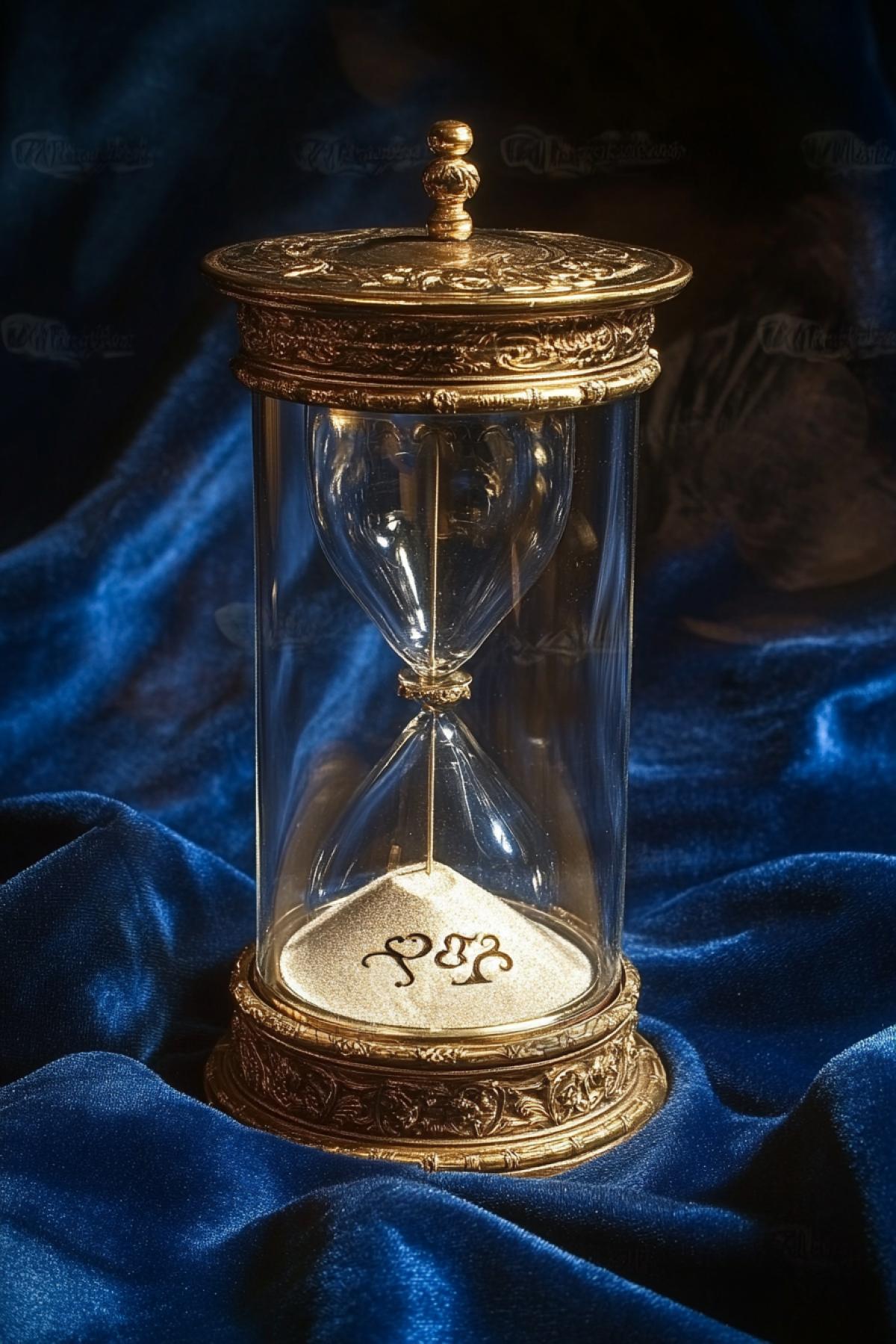 Vintage medieval sandclock made of gold jewelry decoration polished dark wood baroque upon vintage bureau surface dark-blue velvet professional light jewellery photo