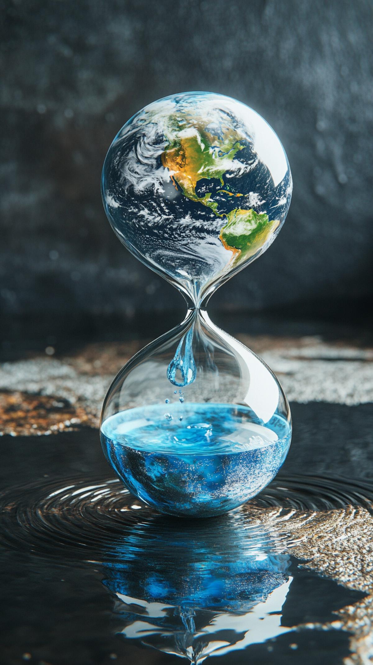 Hourglass in the form of two planets earth, from the upper planet sand flows into the lower one turning into water