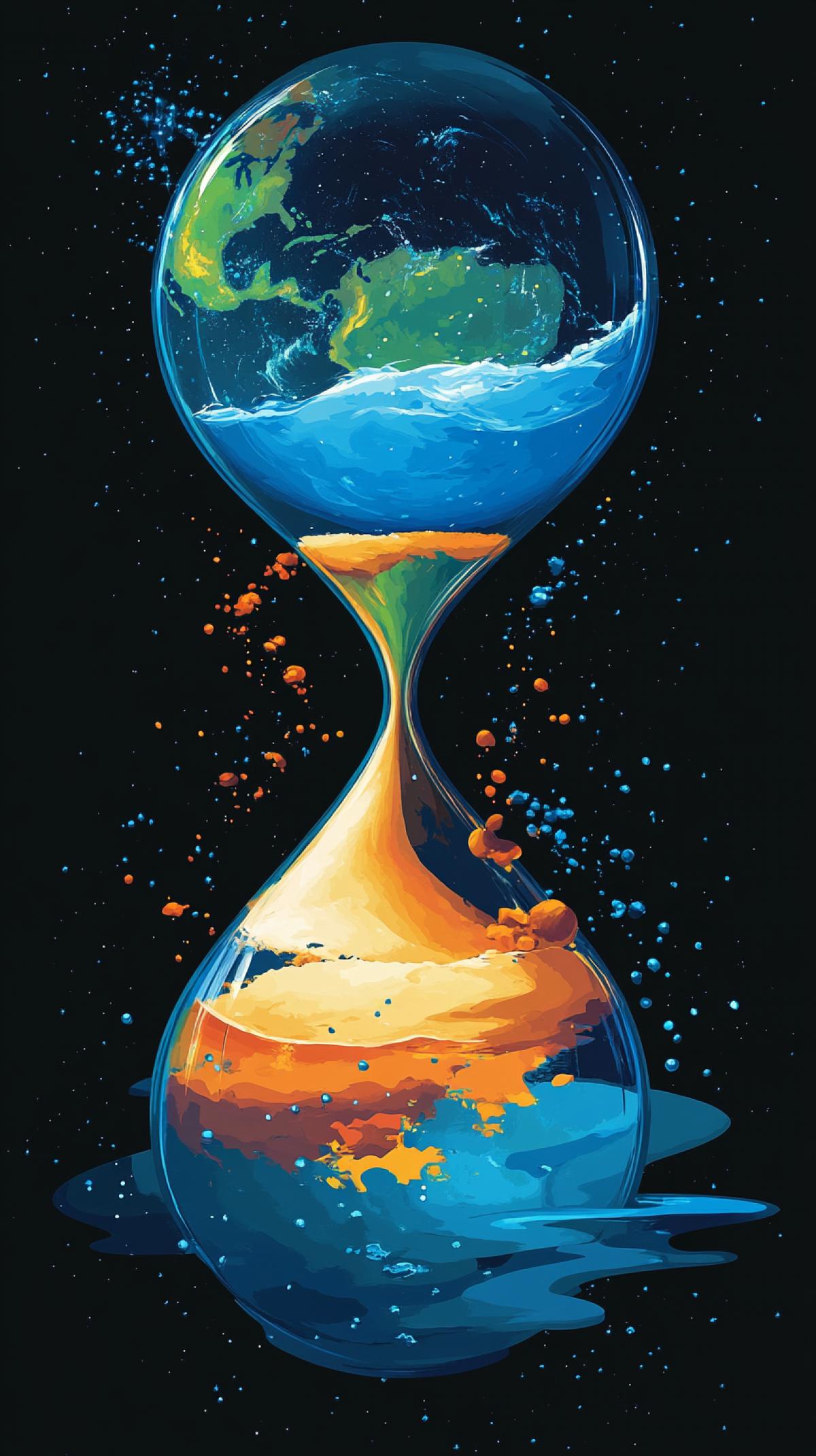 Hourglass in the form of two planets earth, from the upper planet sand flows into the lower one turning into water