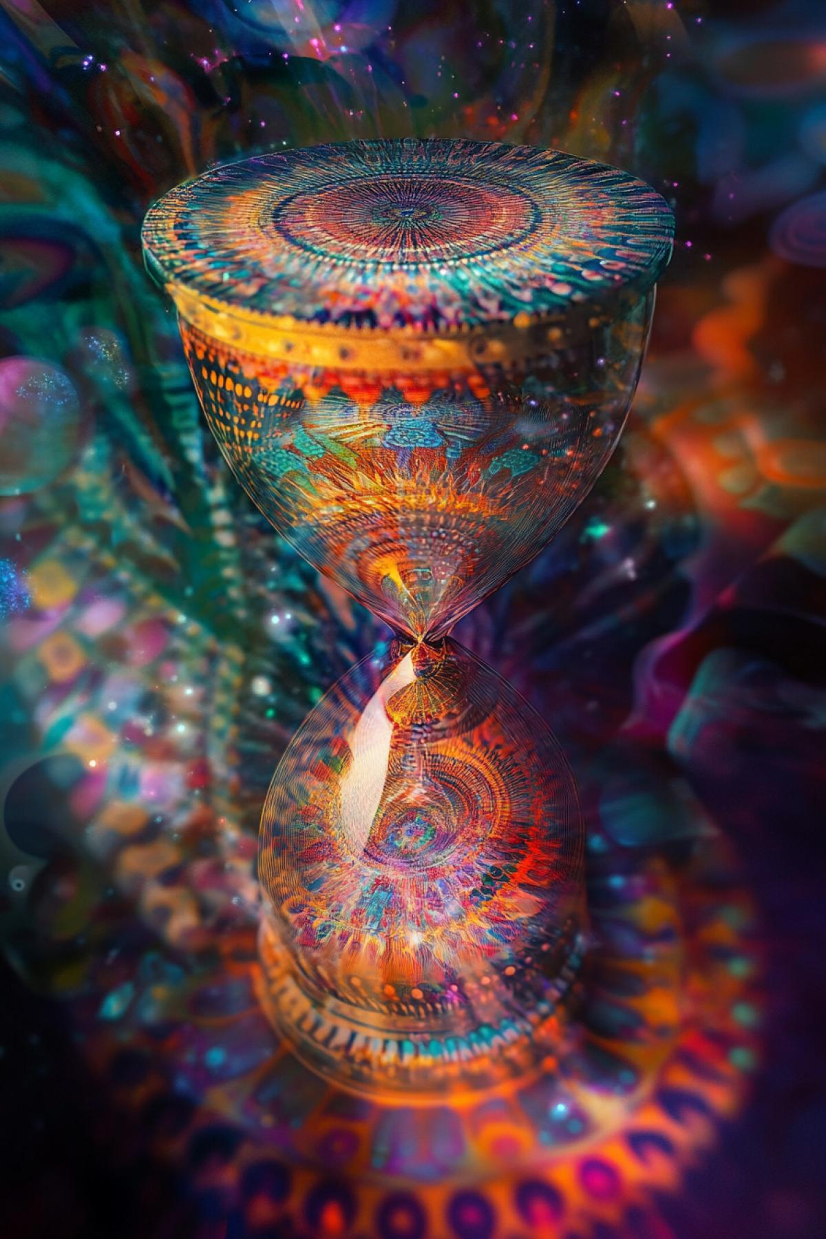 creative hourglass, repeating cycle, line graphics, psychedelic, universe scale, flickering, realistic image, photoshop