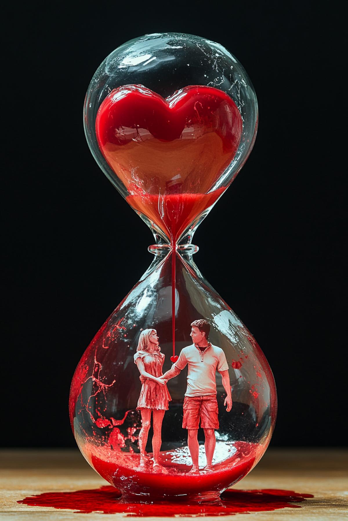 Hourglass dropper with red liquid. red liquid is transfused in an hourglass. A guy and a girl are connected to them through IVs through their hearts. Hourglass halves in the shape of hearts