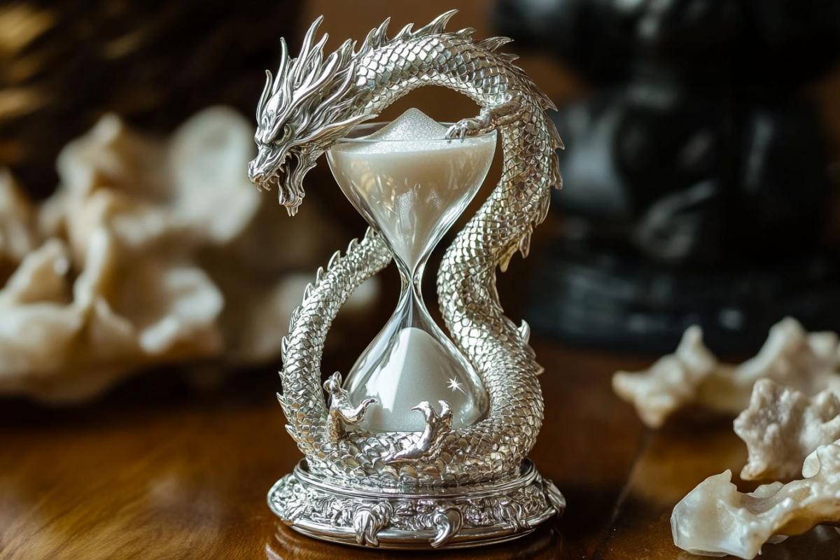 an hourglass in the shape of a dragon which is filled with mother-of-pearl star sand by magic