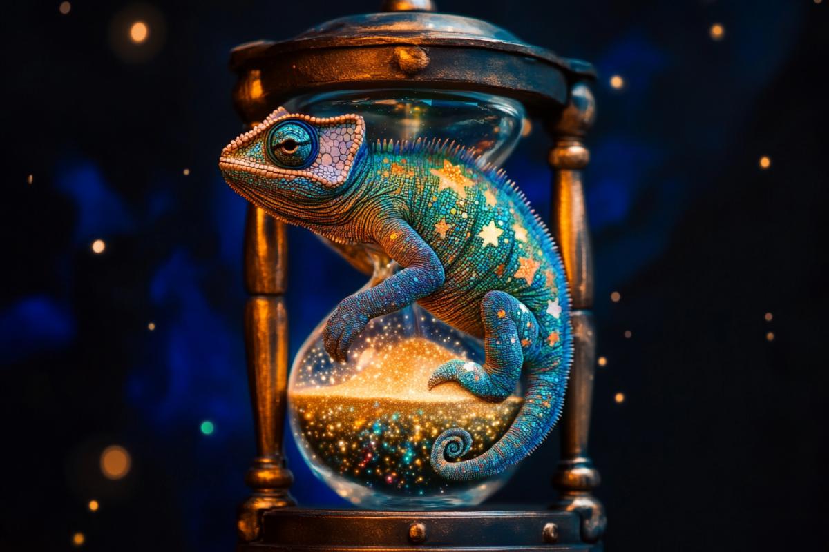 Hourglass in the form of a chameleon with star sand magic galaxy fractals