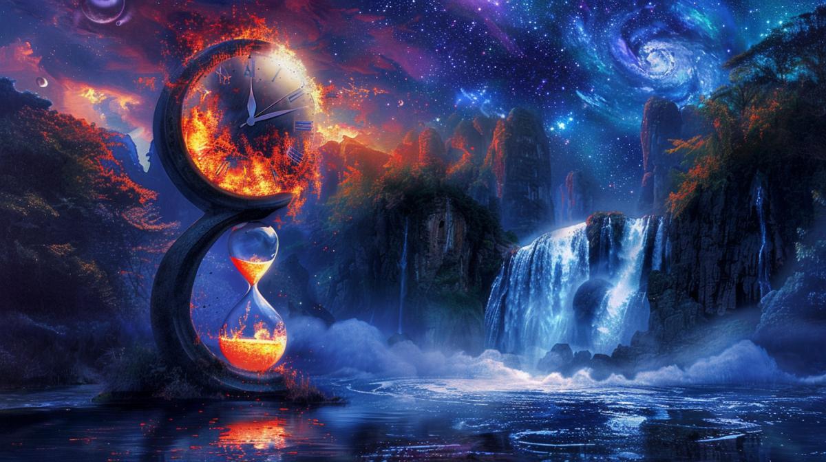 Hourglass in the Yin Yang style in the clock on top, fire on the bottom, water against the backdrop of a waterfall and a fantastic night sky with many stars and galaxies