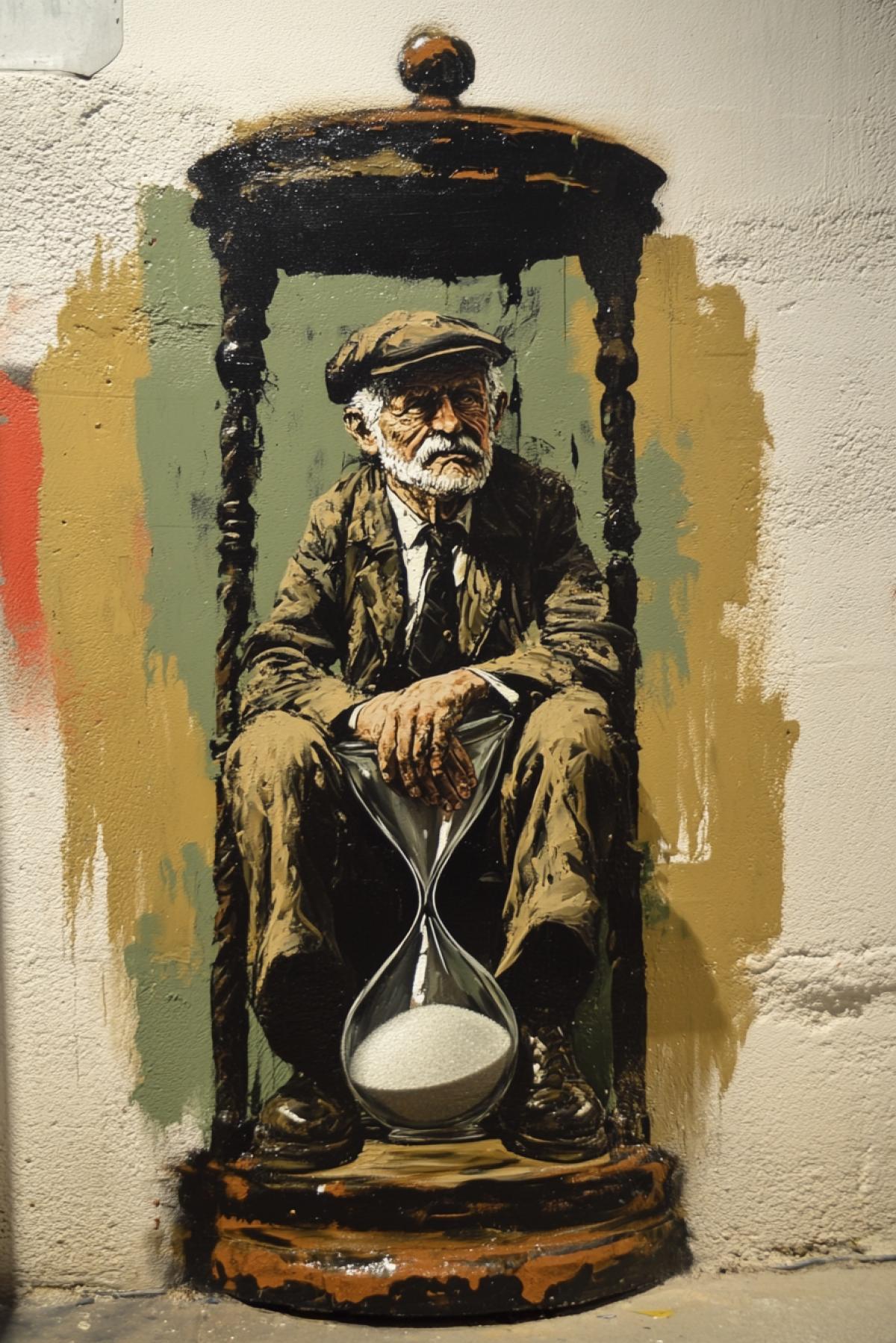 An hourglass in the shape of a very old, contented grandfather. Banksy (Street art)