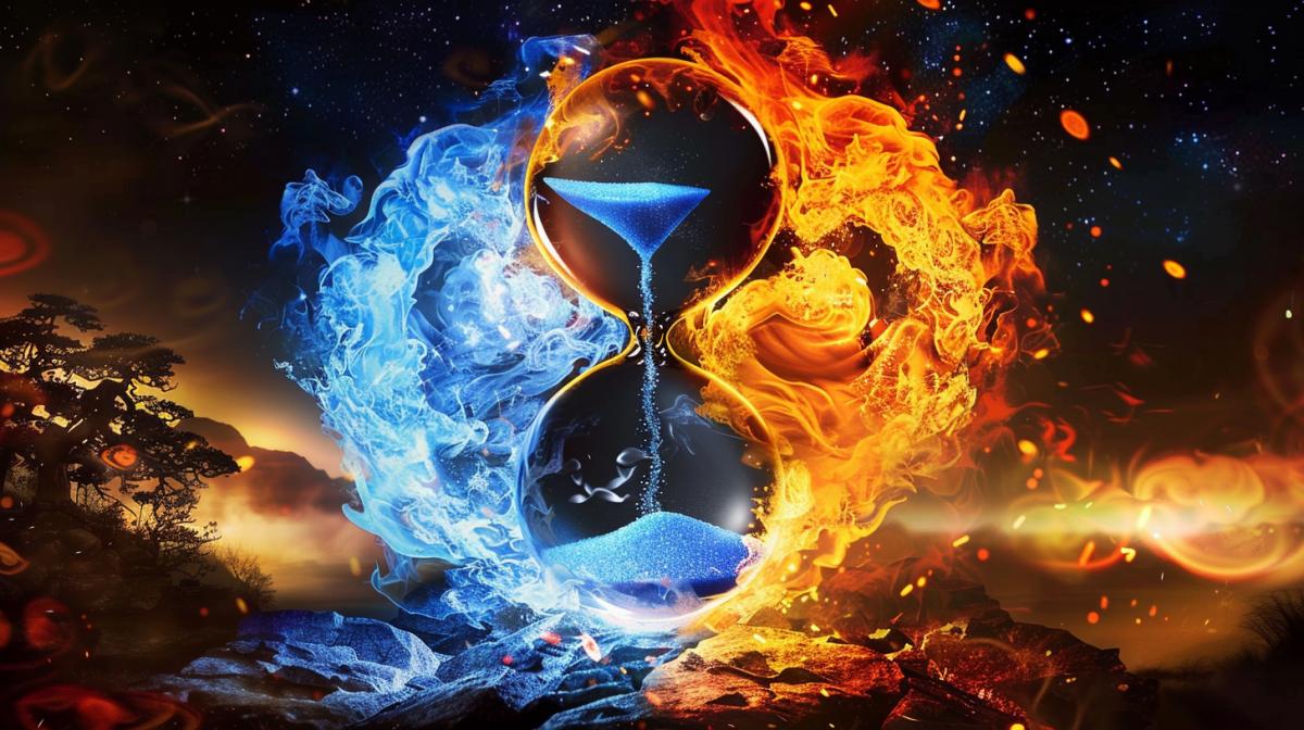 Hourglass flasks which are made in the Yin Yang style in the upper flask there is fire in the lower flask there is water against the backdrop of oriental nature under the starry sky