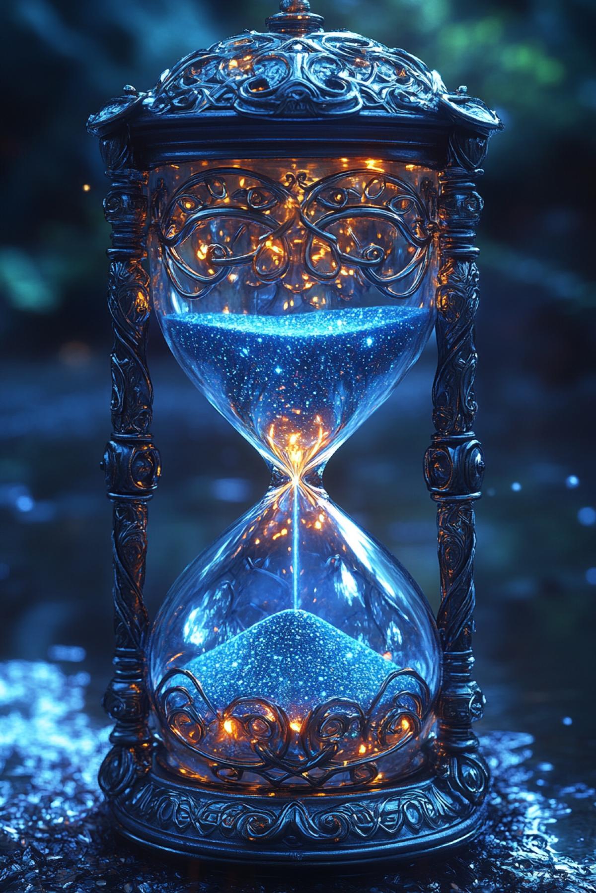 antique hourglass, with ancient Celtic ornament and magic stones, sand in the hourglass in the form of star dust the color of the night sky, fantasy style, cold colors, fantasy style, intense close ups, uhd image, realism, colorful realism, masterpiece, concept art, anime, 2D, 3D, painting, mangacore, cartooncore, game art, semi realistic, photo realistic, hyper realistic, hyper detailed