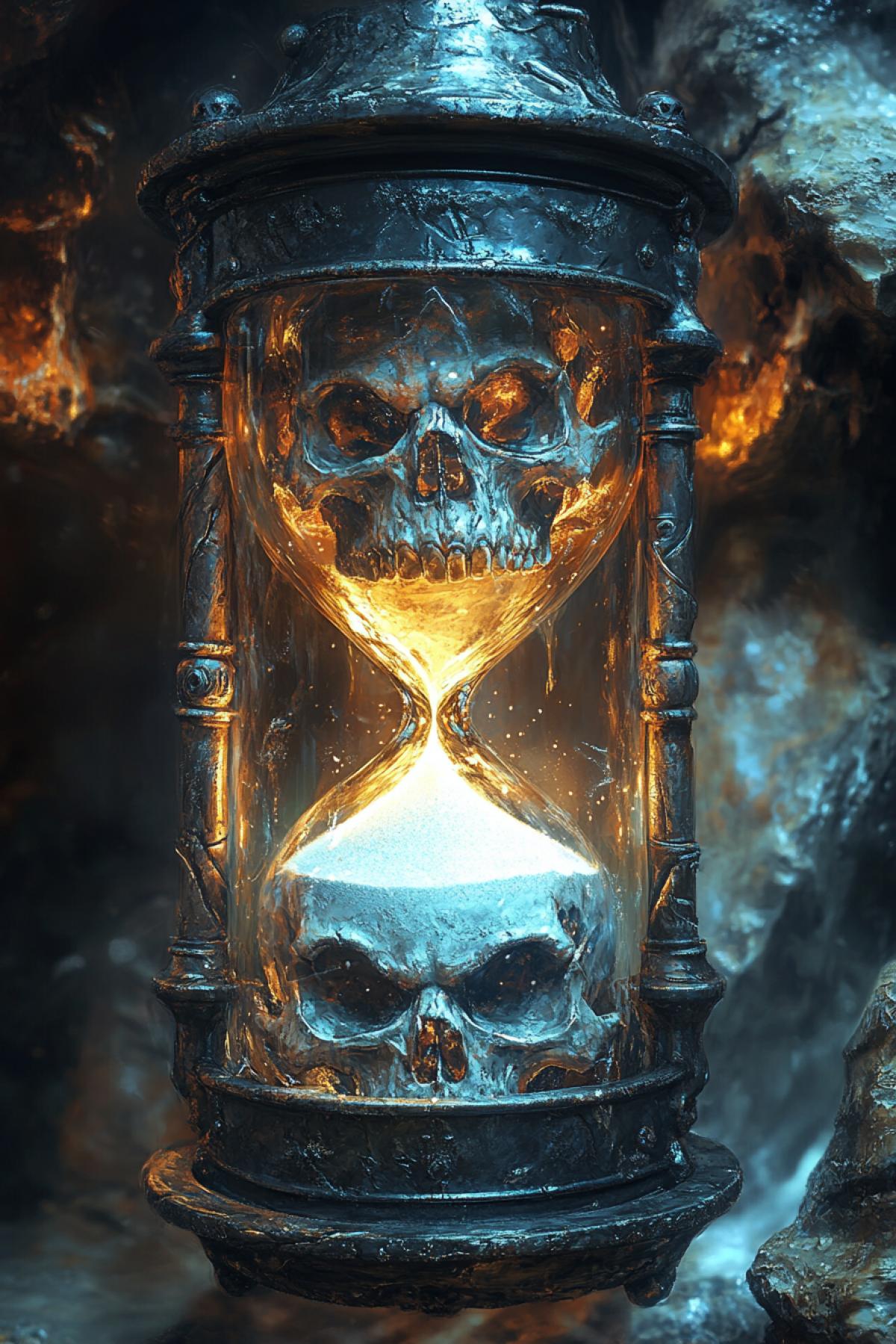 mystical hourglass in the form of skulls made of bones, dark glass, horns and claws, white shining sand inside dark glass, death clock, dark fantasy style, cold colors, fantasy style, intense close ups, uhd image, realism, colorful realism, masterpiece, concept art, anime, 2D, 3D, painting, mangacore, cartooncore, game art, semi realistic, photo realistic, hyper realistic, hyper detailed