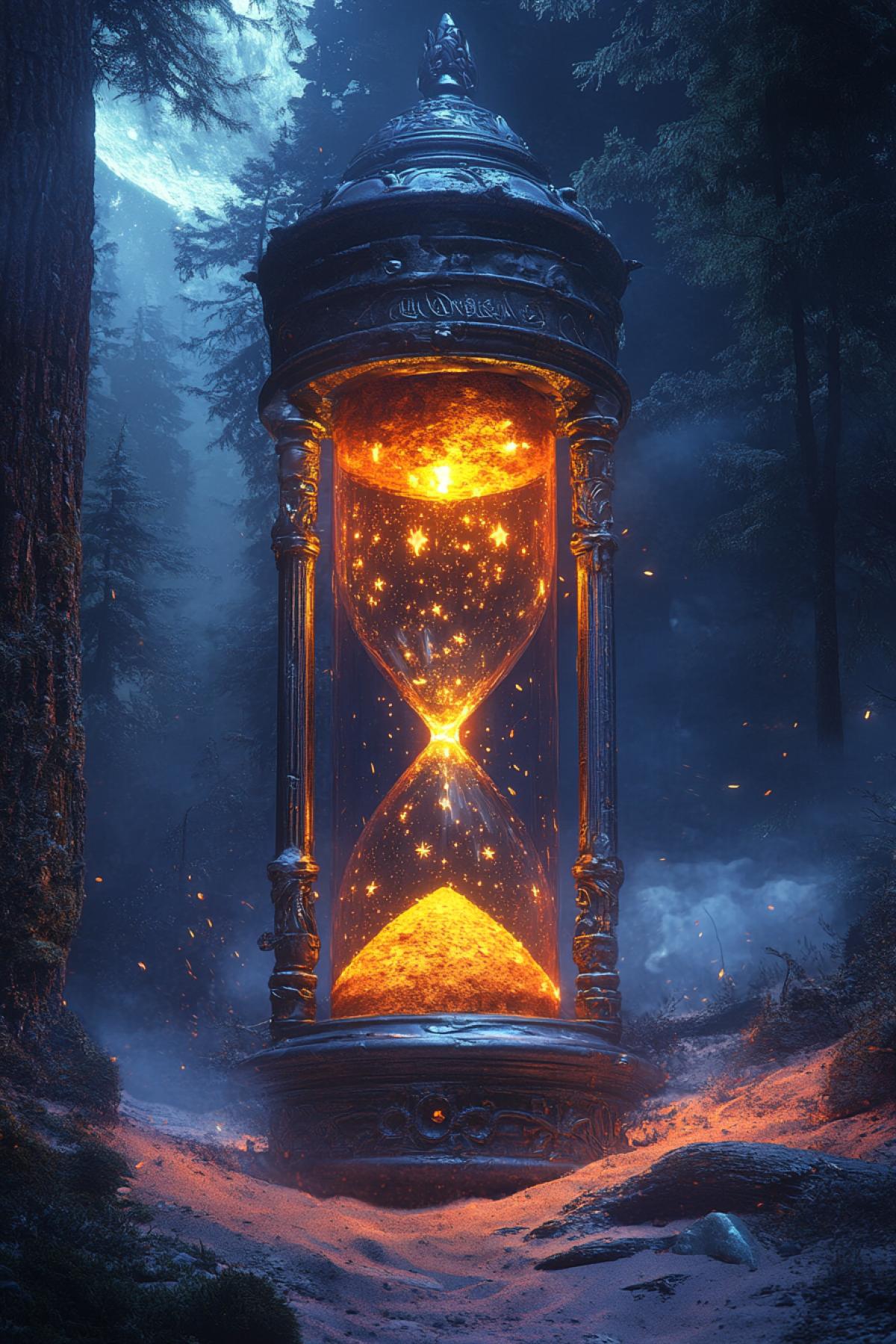 Elven hourglass, moon style, luminous pale light inscriptions in the Elven language, fantasy ornament, night background, dark forest, sand in the form of stars, the clock is decorated with the moon and elven attributes, fantasy style, cold colors, fantasy style, intense close ups, uhd image, realism, colorful realism, masterpiece, concept art, anime, 2D, 3D, painting, mangacore, cartooncore, game art, semi realistic, photo realistic, hyper realistic, hyper detailed