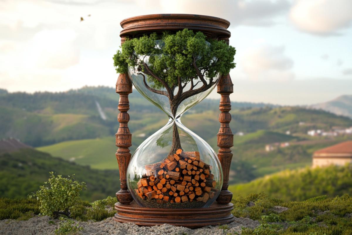 A giant hourglass has trees in the upper half of the clock and firewood in the lower half of the clock.