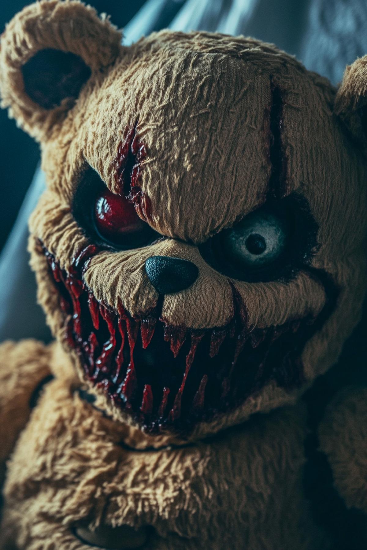 A teddy bear with a sinister horrifying grin.