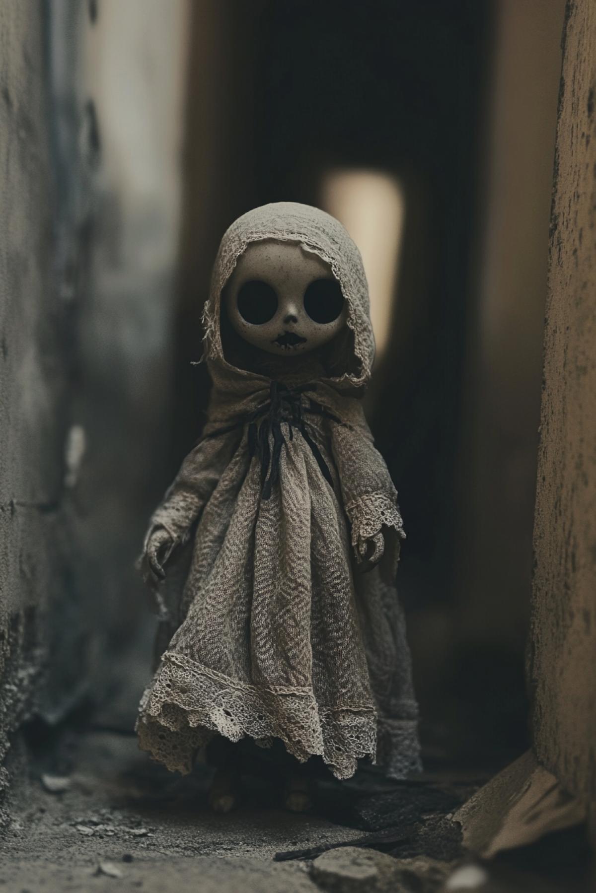 Horrifying ghost toy, gothic style, mysticism, flickering, realistic image, photoshop