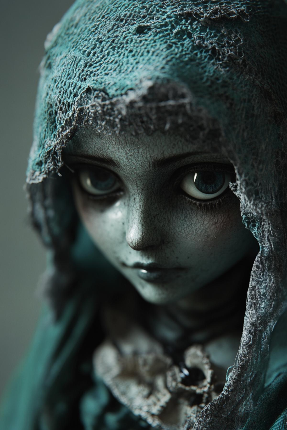 Horrifying ghost toy, gothic style, mysticism, flickering, realistic image, photoshop