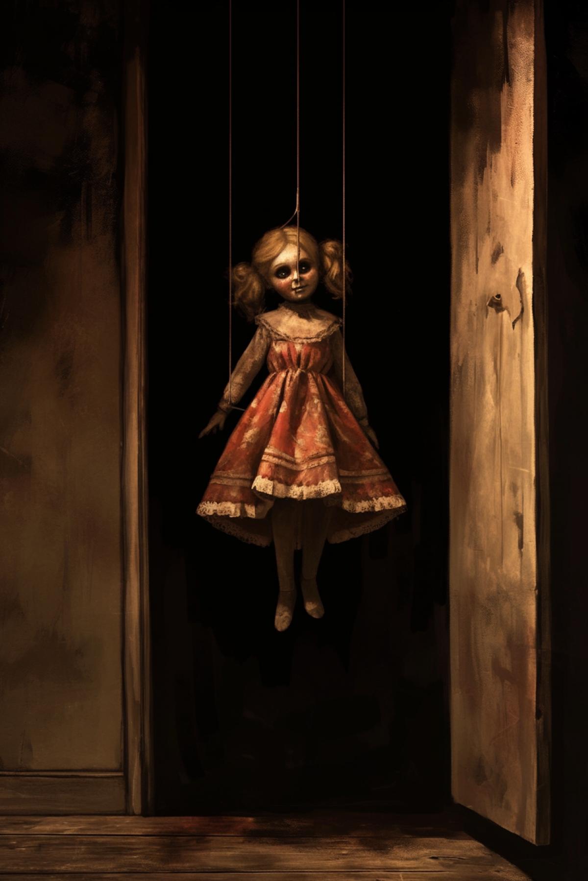 old doll on strings hanging in an open old closet, dark room, horror style, creepy, by Gerald Brom Keith Thompson, intense close ups, uhd image, realism, colorful realism, masterpiece, concept art, anime, 2D, 3D, painting, mangacore, cartooncore, game art, semi realistic, photo realistic, hyper realistic, hyper detailed