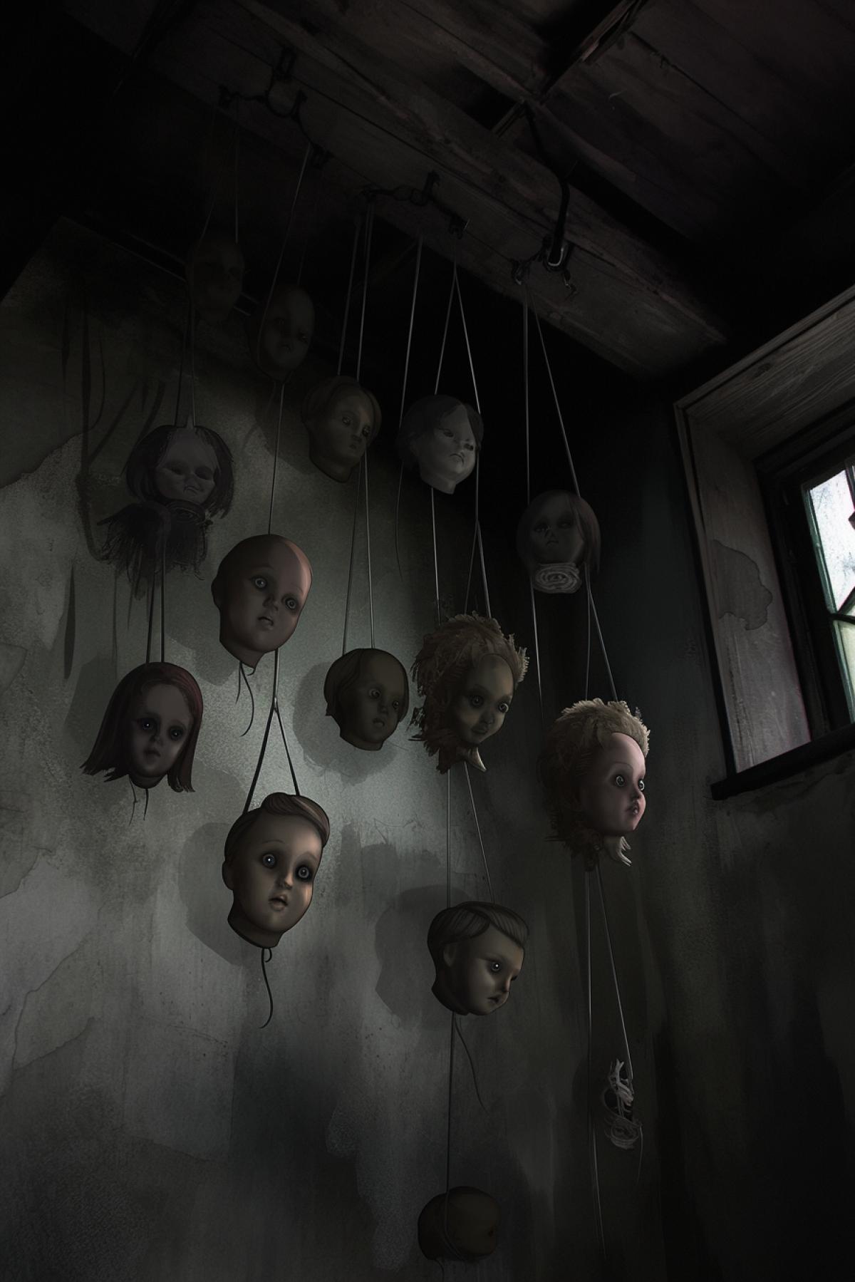 dolls on the wall, doll heads hanging from the ceiling, horror style, dark image, old scary dolls