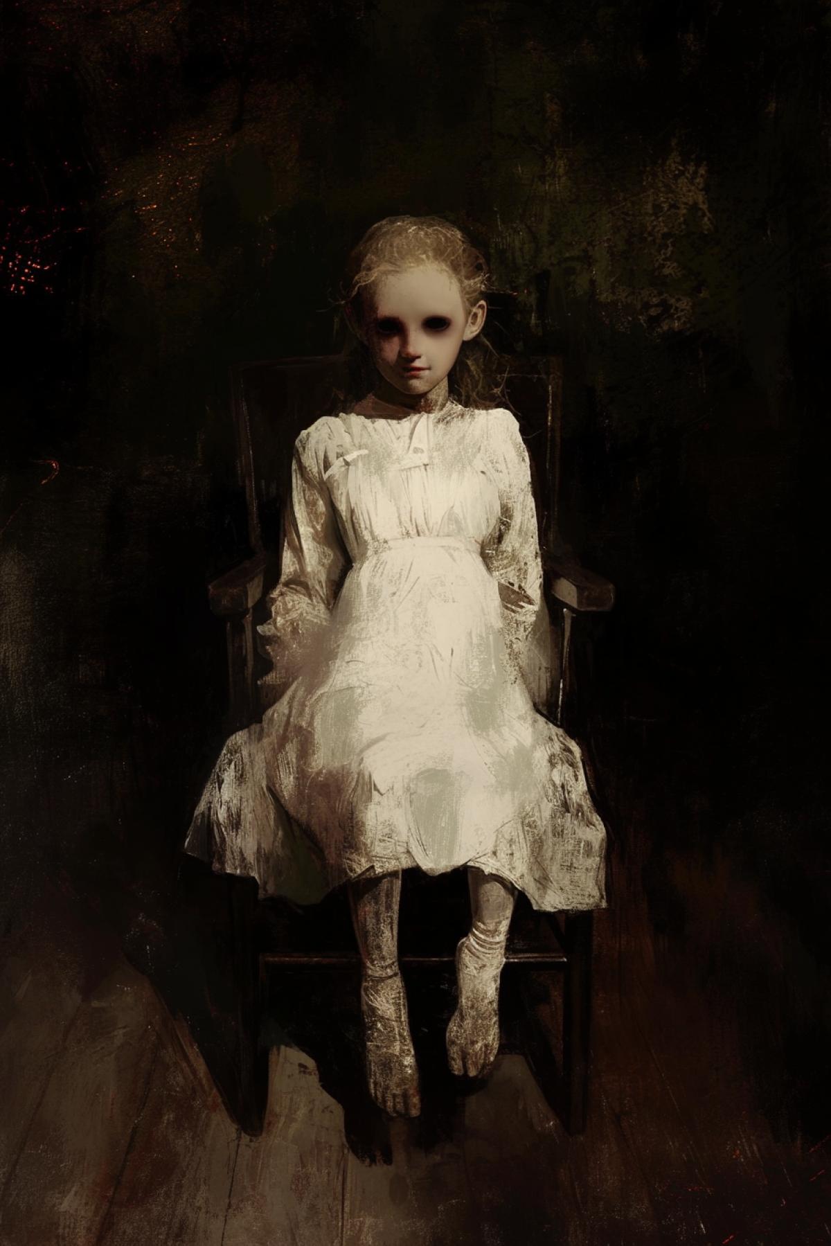 old doll girl, shabby look, slight smile, lively eyes, sits on chair in dark room, looks straight ahead, solid dark background, horror style, exciting image, by Gerald Brom Stephen Koidl