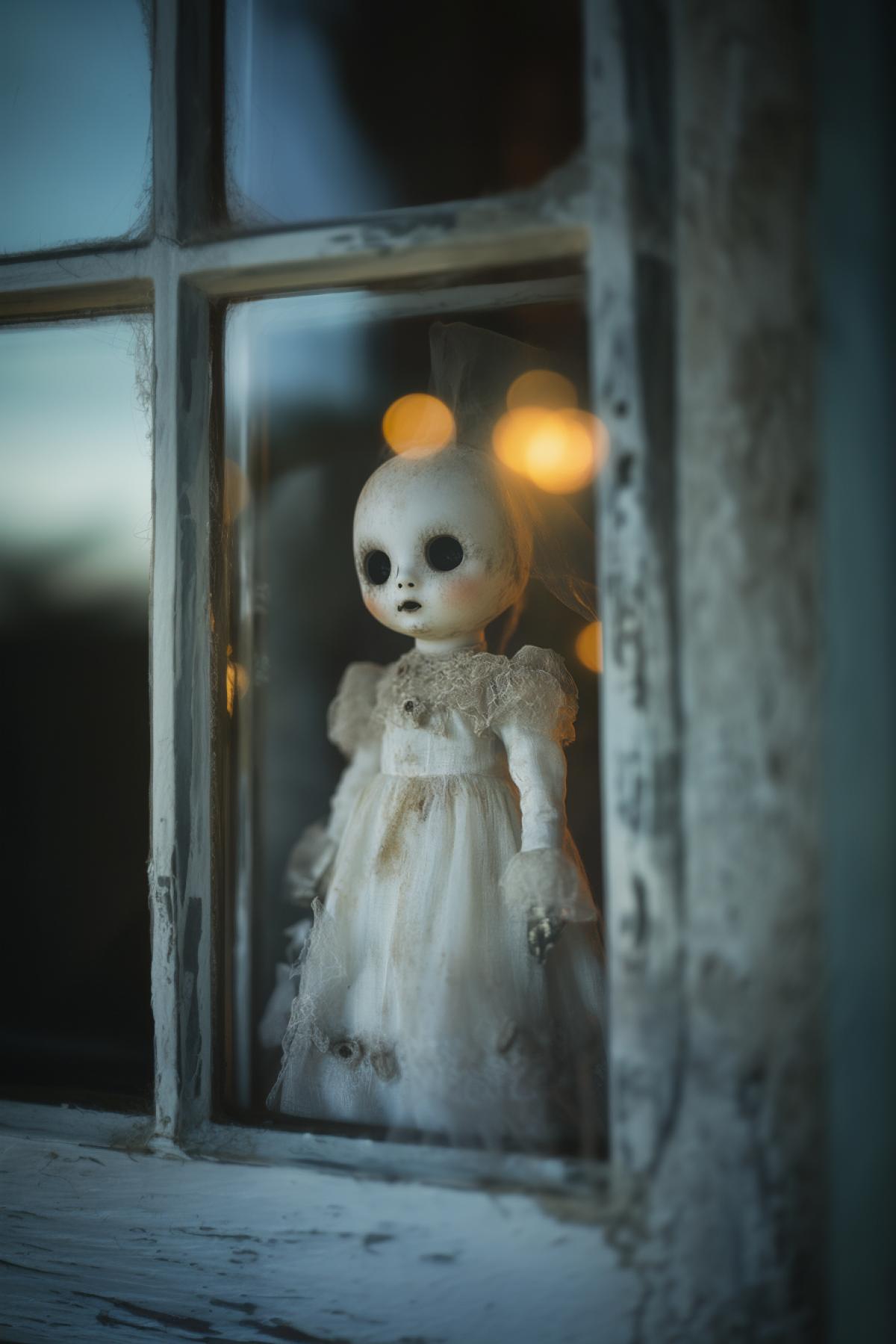 Horrifying ghost toy, gothic style, mysticism, flickering, realistic image, photoshop