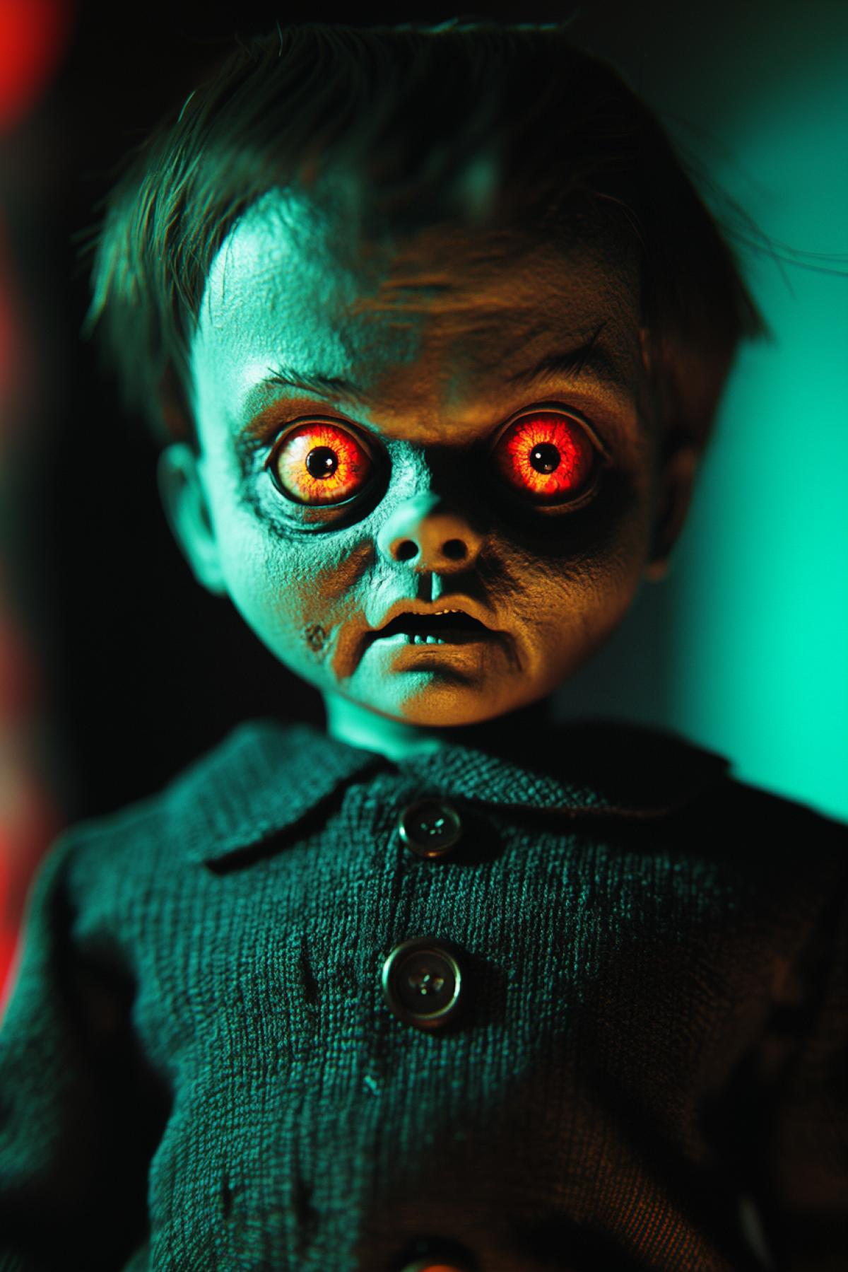 A toy that instills horror, fear, nightmare, goosebumps, psychedelic, in the style of the supernatural series, flickering, realistic image, photoshop
