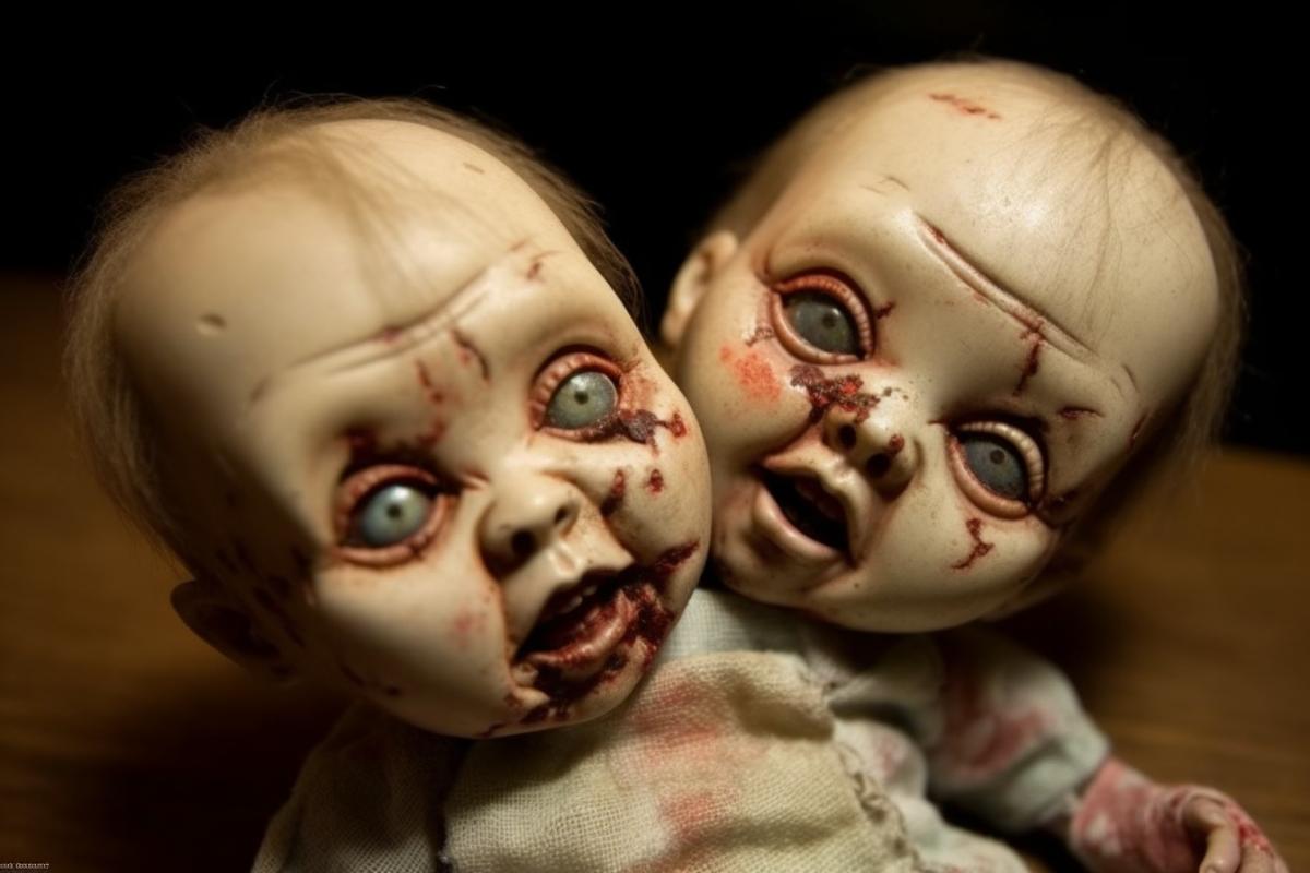 Horrible zombie toys, sinister toys that bite. Horror film.