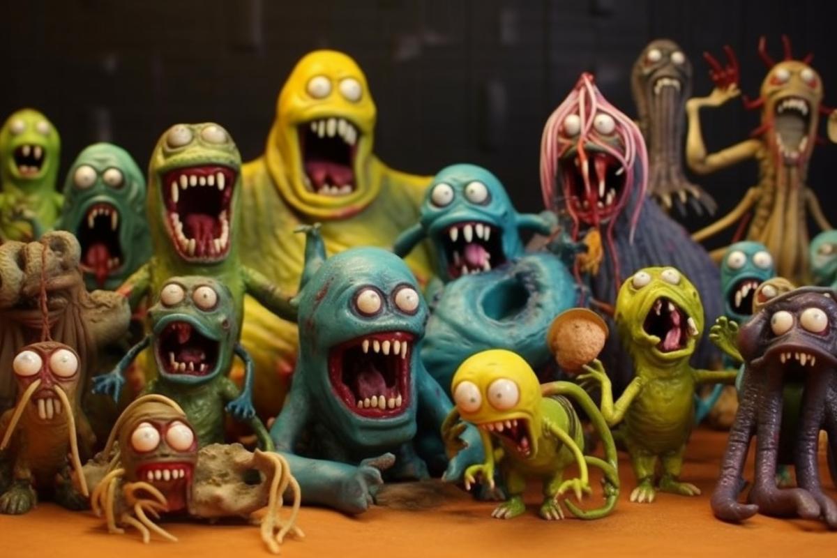 Horrible zombie toys, sinister toys that bite. Horror film.