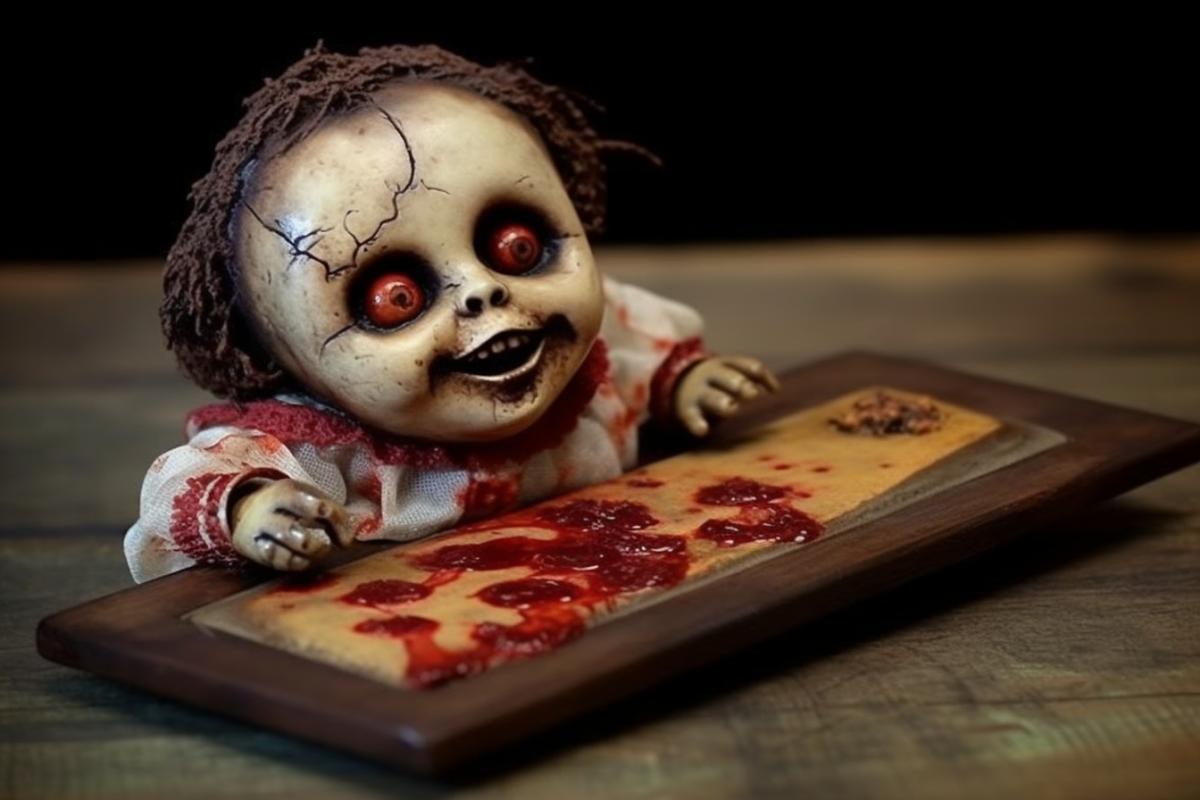 Horrible zombie toys, sinister toys that bite. Horror film.