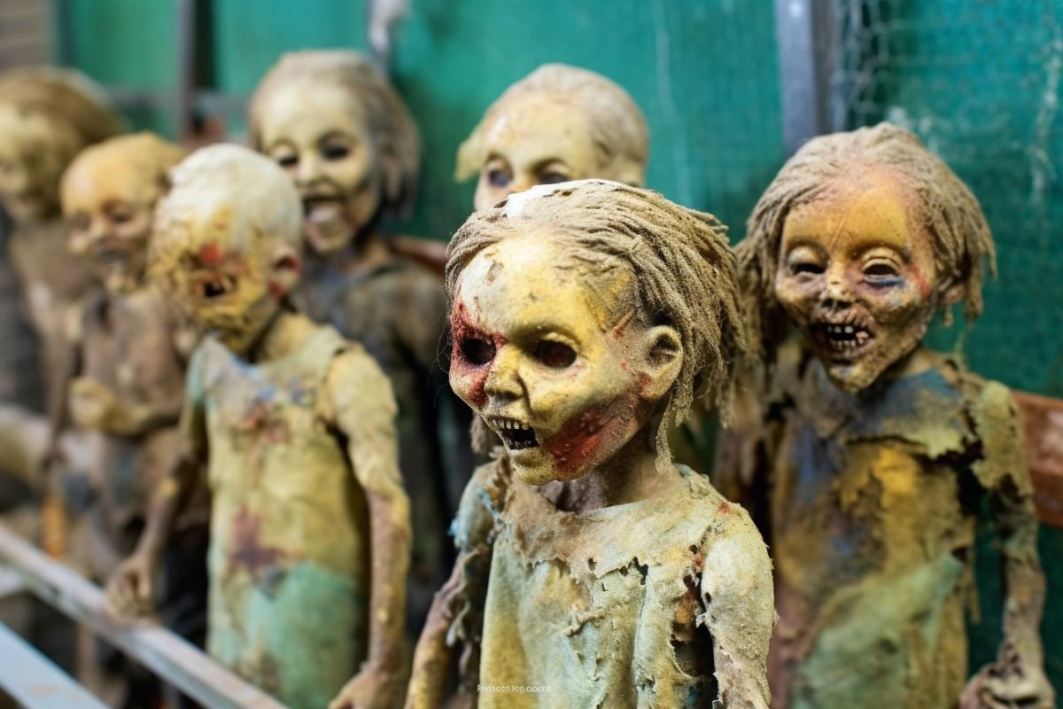 Horrible zombie toys, sinister toys that bite. Horror film.