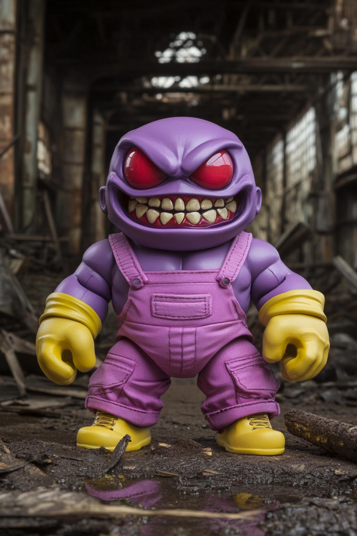 toy purple cynical cynical sinister toothy clown with red eyes with large pupils, wide grin, wearing pink overalls, no shirt and yellow gloves. Yellow teeth.