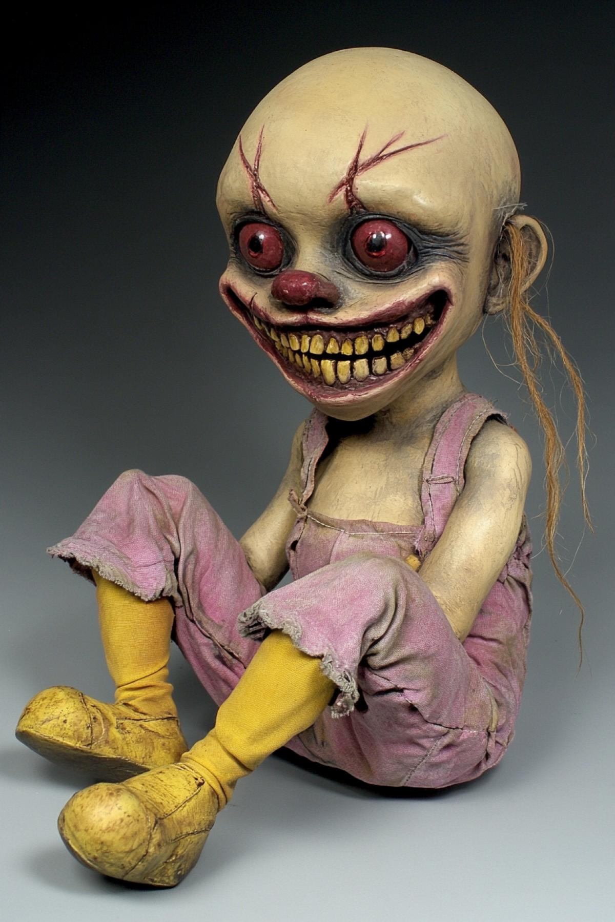 toy purple cynical cynical sinister toothy clown with red eyes with large pupils, wide grin, wearing pink overalls, no shirt and yellow gloves. Yellow teeth.