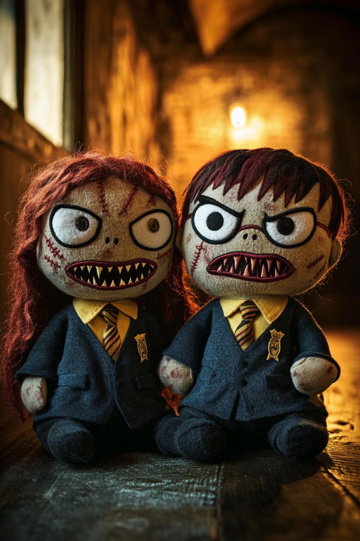 Harry potter and Hermione Granger plush toys angry vampirish with fangs out view frightening scaring spooky