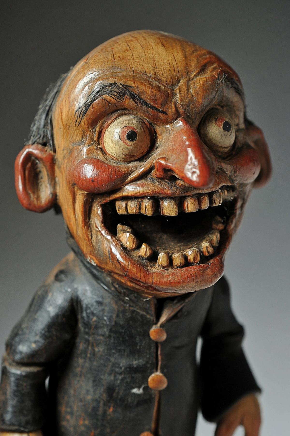 Freaky toy old man full height with ugly nose and freaky jaws polished wood enamel 18th century scaring frightening toy