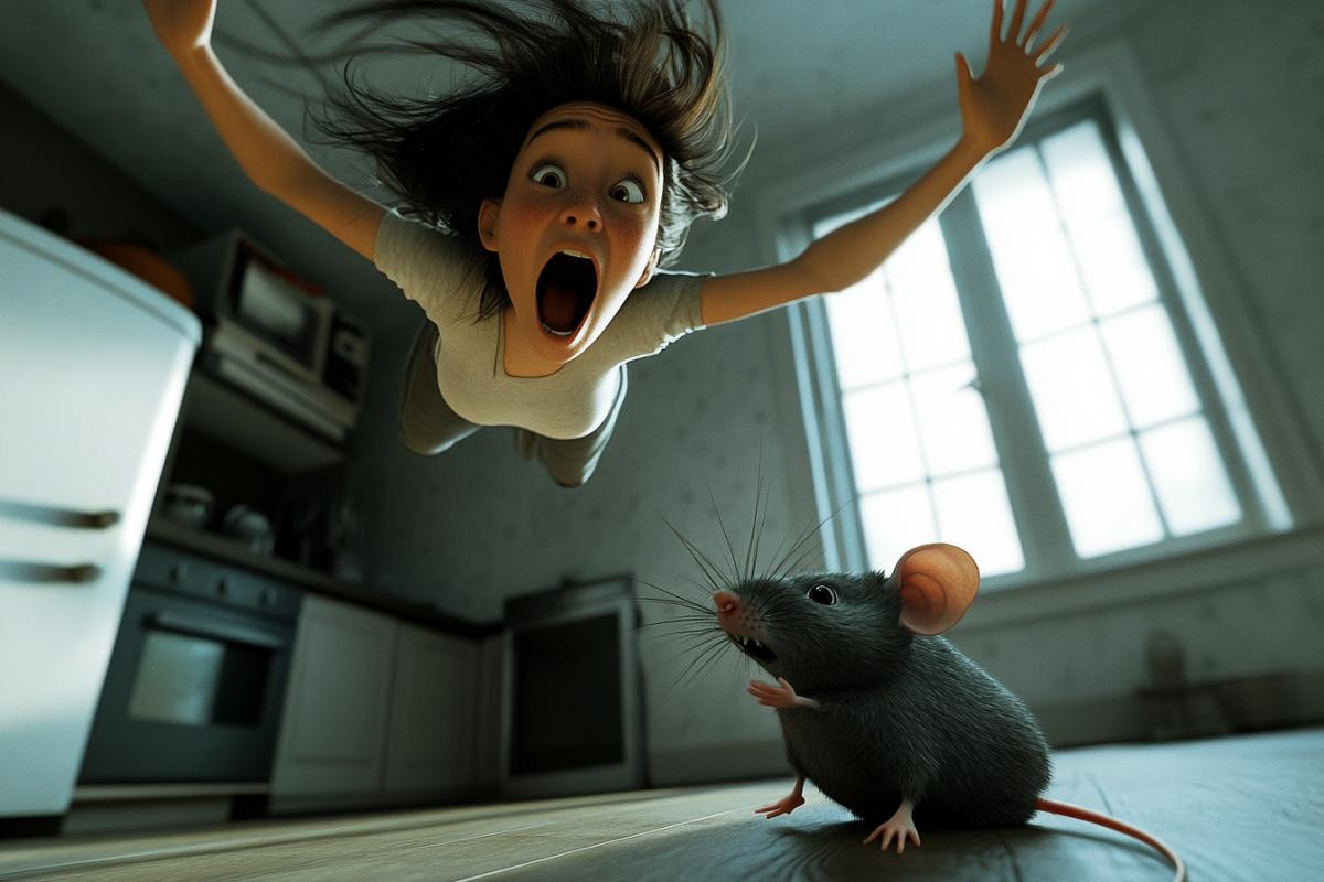 A woman saw a mouse in the kitchen and jumped in fear, hovering in the air, the woman is hanging in the air, the mouses muzzle is turned to the camera and the ominous mouse is sitting on the floor, the woman is panicking, Pixar style