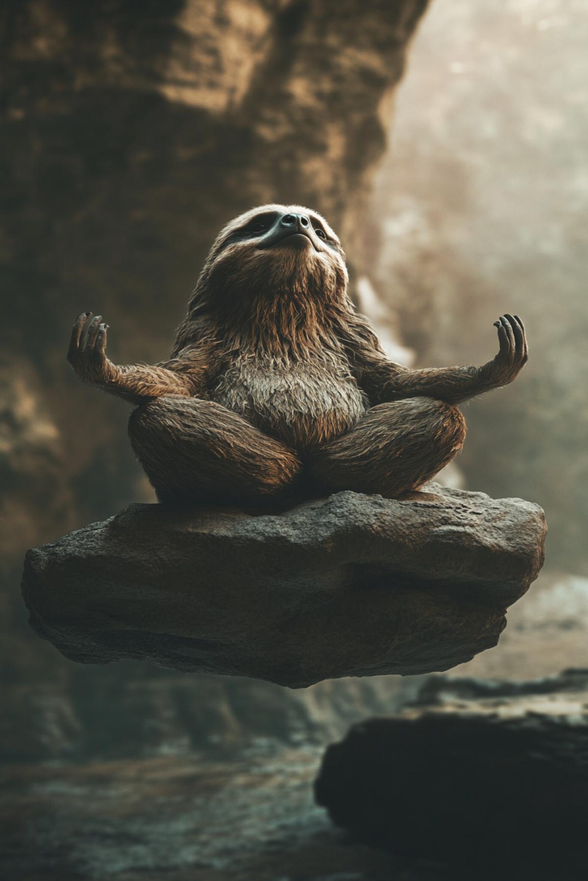 Sloth sage in Levitation, minimalism philosophy, yoga, flickering, realistic image, photoshop