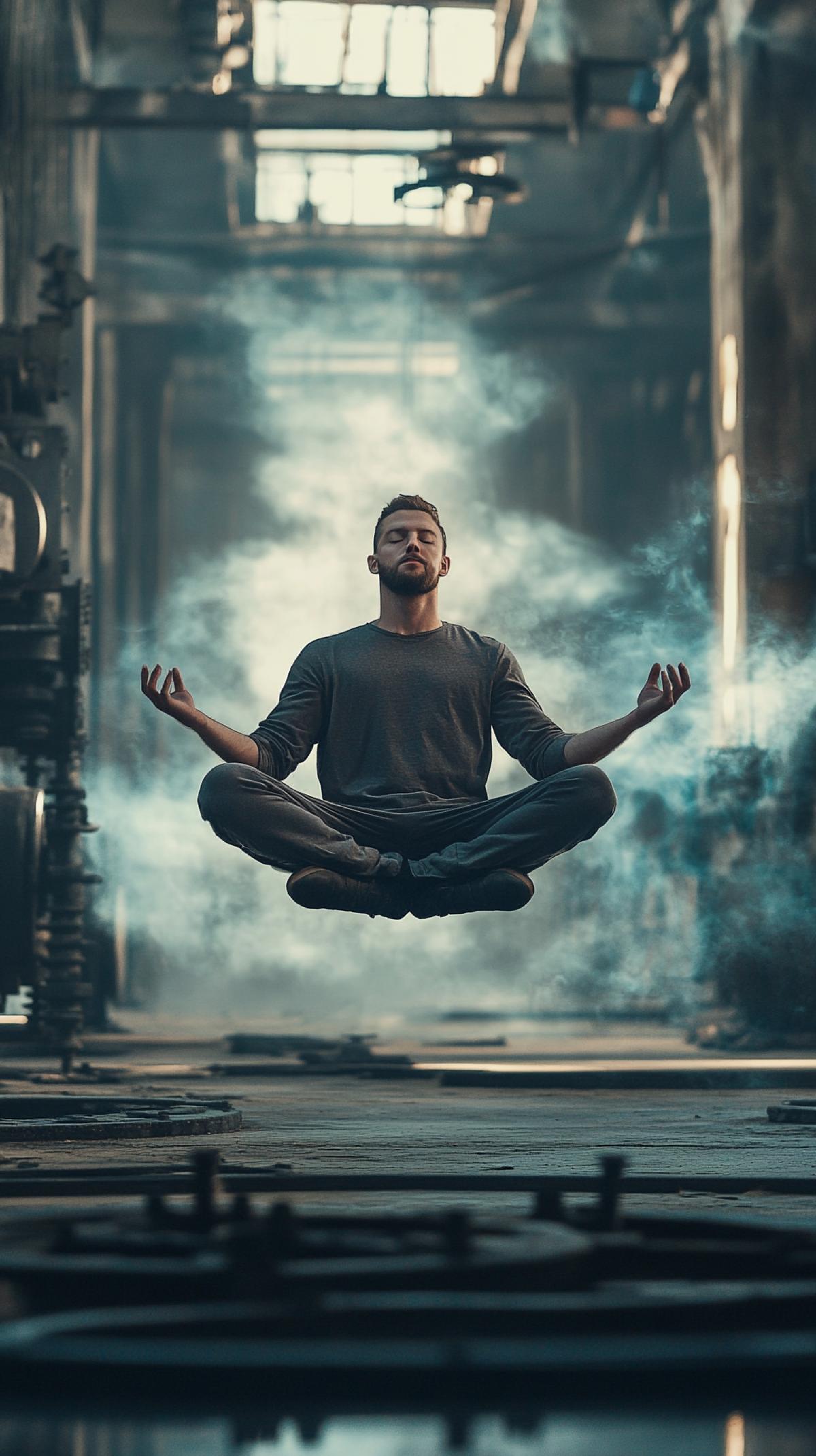 A man floats levitates and meditates over sharp metal fittings, high quality photo