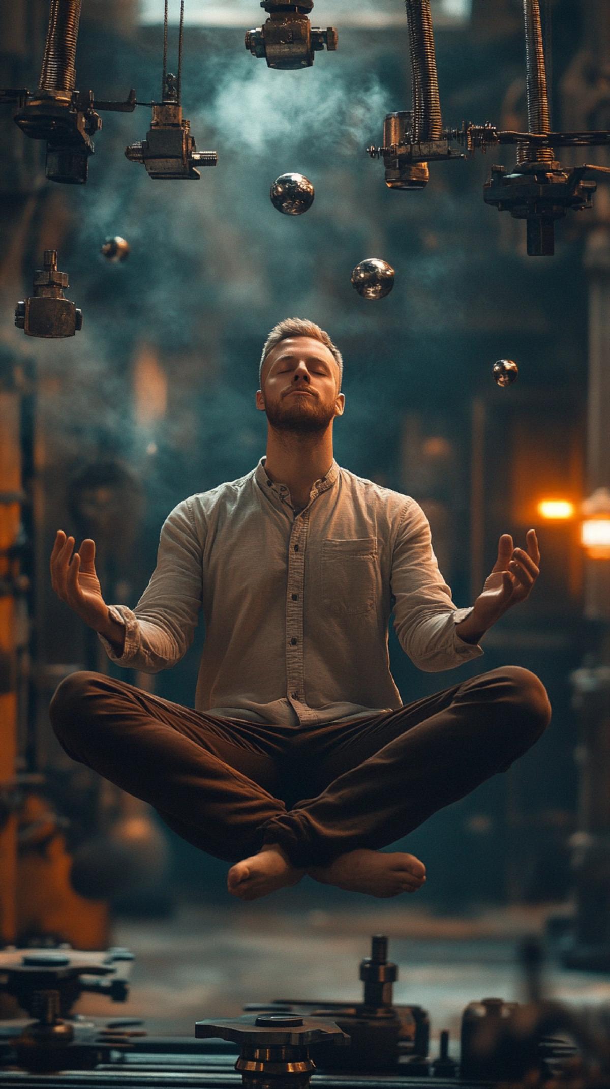 A man floats levitates and meditates over sharp metal fittings, high quality photo